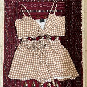 Lulus matching set, small top, medium shorts, gingham/checkered, brown and white